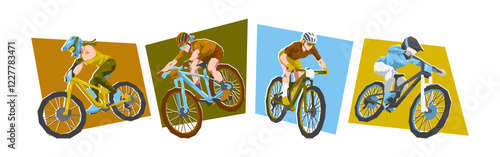 Vector set of female mountain biker, downhill. Sport, race, competition concept. Isolated on white background. Flat illustration.