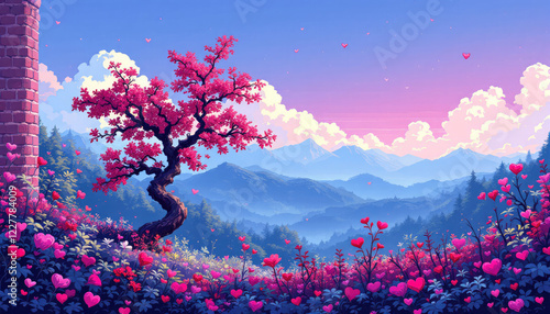 a tree with pink flowers, surrounded by a field of pink flowers and hearts, set against a backdrop of mountains and a clear blue sky with clouds.