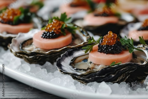 Oysters and shellfish shine at seafood festivals. Elegant oysters garnished with pink mousse and caviar on ice. photo