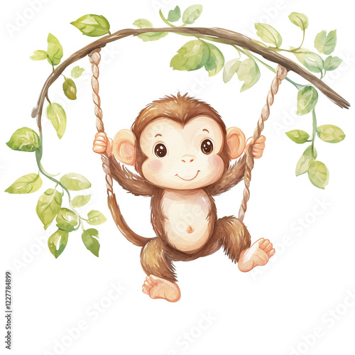 Cute Monkey Swinging on a Rope Amidst Green Leaves in a Playful and Joyful Setting