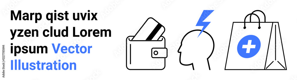 Wallet containing cards, a head with a lightning symbol, and a shopping bag with a medical cross. Ideal for finance, mental health, shopping, medical services, e-commerce, business and online Wallet containing cards, a head with a lightning symbol, and a shopping bag with a medical cross. Ideal for finance, mental health, shopping, medical services, e-commerce, business and online