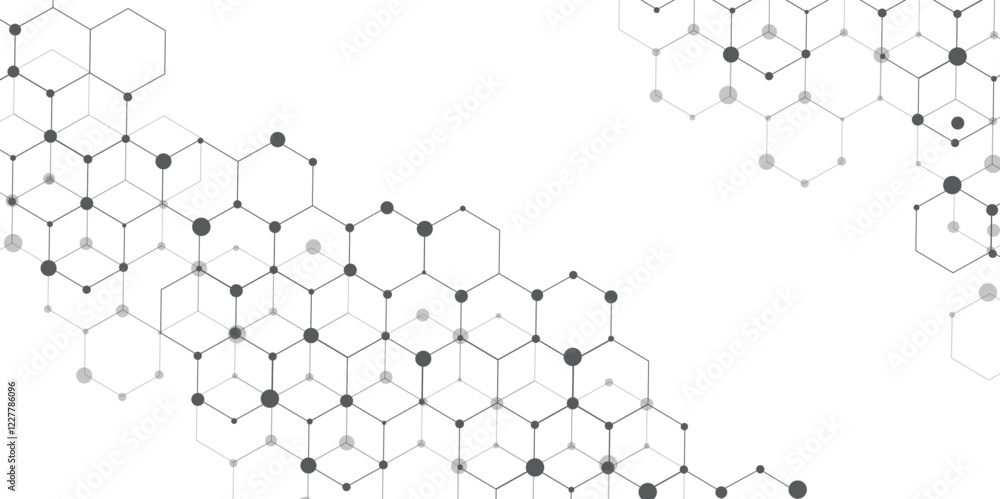 Molecular structure abstract tech background. Geometric white background. Vector banner design with hexagons. Science network pattern, connecting lines and dots Medical background, Vector illustration Molecular structure abstract tech background. Geometric white background. Vector banner design with hexagons. Science network pattern, connecting lines and dots Medical background, Vector illustration