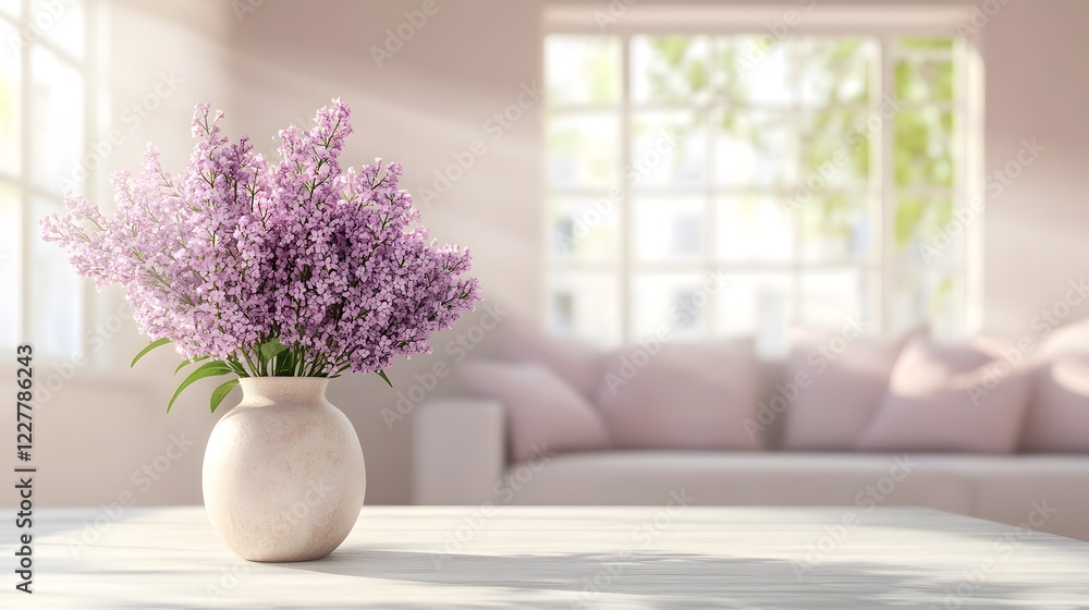 Lilac flowers in a vase on a table against a blurred living room with a sofa and window
Lilac flowers in a vase on a table against a blurred living room with a sofa and window