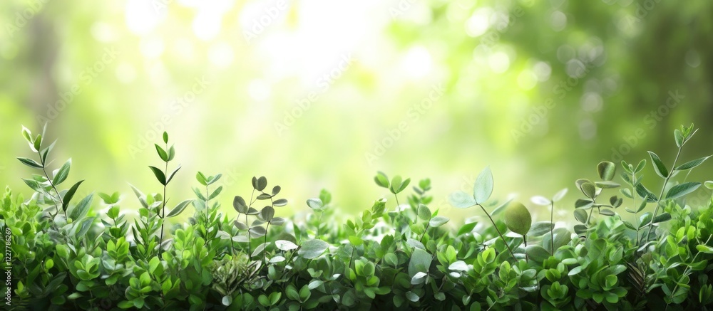 Lush Green Low Plants Against a Soft Meadow Background with Ample Space for Text and Design Elements Lush Green Low Plants Against a Soft Meadow Background with Ample Space for Text and Design Elements