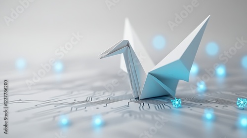 Origami crane on a circuit board with glowing blue elements