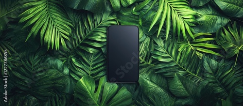 Smartphone placed on lush green palm leaves top view with empty space for text or design elements for branding or marketing purposes