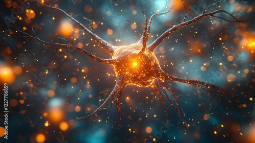 stunning visualization of a neuron with glowing synapses and cosmic particles photo