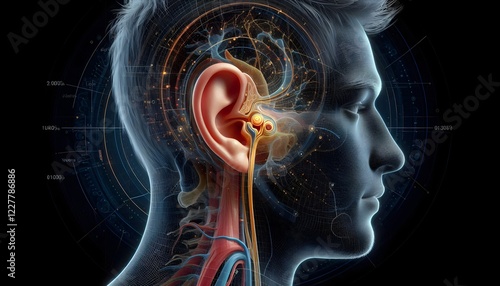 3D medical illustration of the human ear anatomy displaying outer ear, ear canal, and eardrum in a detailed and educational diagram.	
