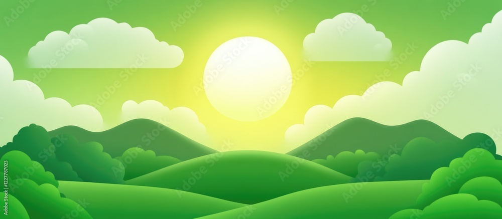 Obraz premium Vibrant Green Landscape with Sun and Clouds Ideal for Text Overlay in Eco-Friendly Design Projects