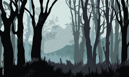 a dark mystical forest with silhouetted trees and foggy mountain layers in the background