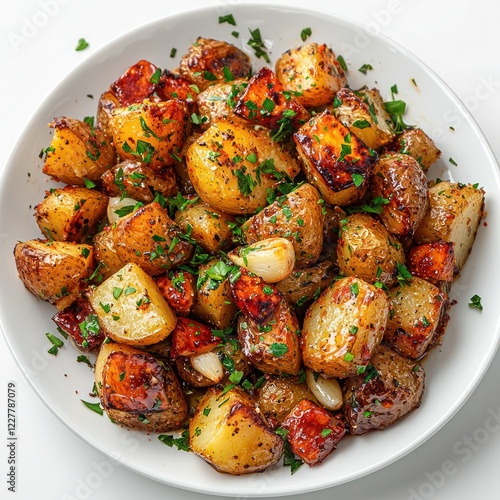 Roasted potatoes tossed with vibrant garnishes like chopped parsley, garlic cloves, and a sprinkle of smoked paprika photo