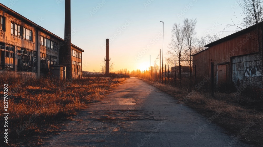 Obraz premium Sunset view down long road between abandoned industrial buildings.