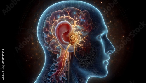 3D medical illustration of the human ear anatomy displaying outer ear, ear canal, and eardrum in a detailed and educational diagram.	
