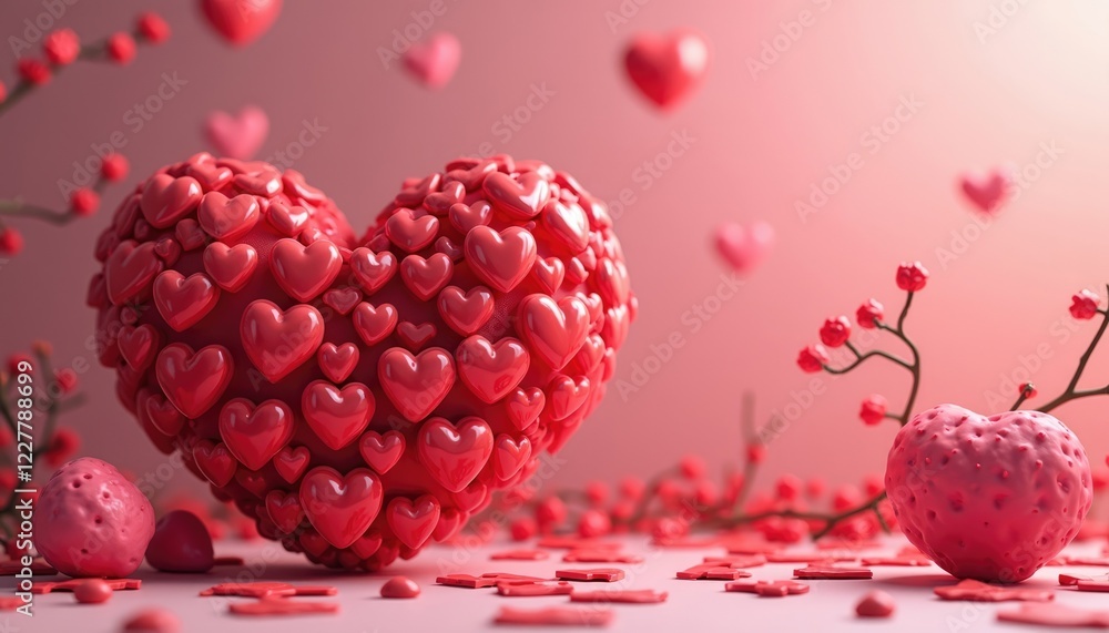 a heart-shaped sculpture made of small red hearts, surrounded by pink flowers and branches. a heart-shaped sculpture made of small red hearts, surrounded by pink flowers and branches.