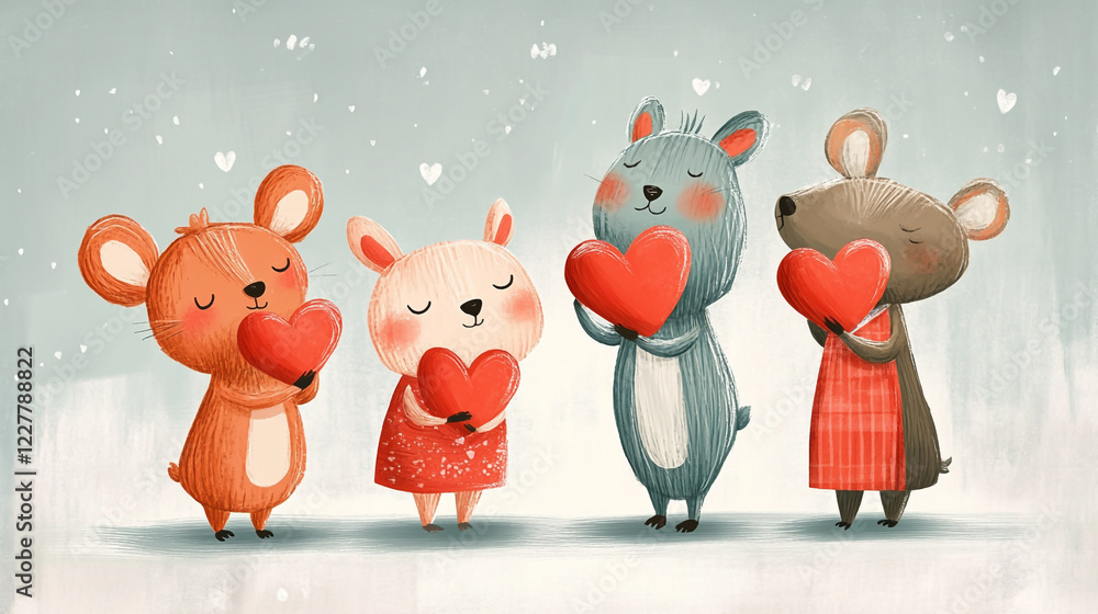 Fototapeta premium A whimsical Valentine's Day card featuring adorable cartoon animals holding hearts.
