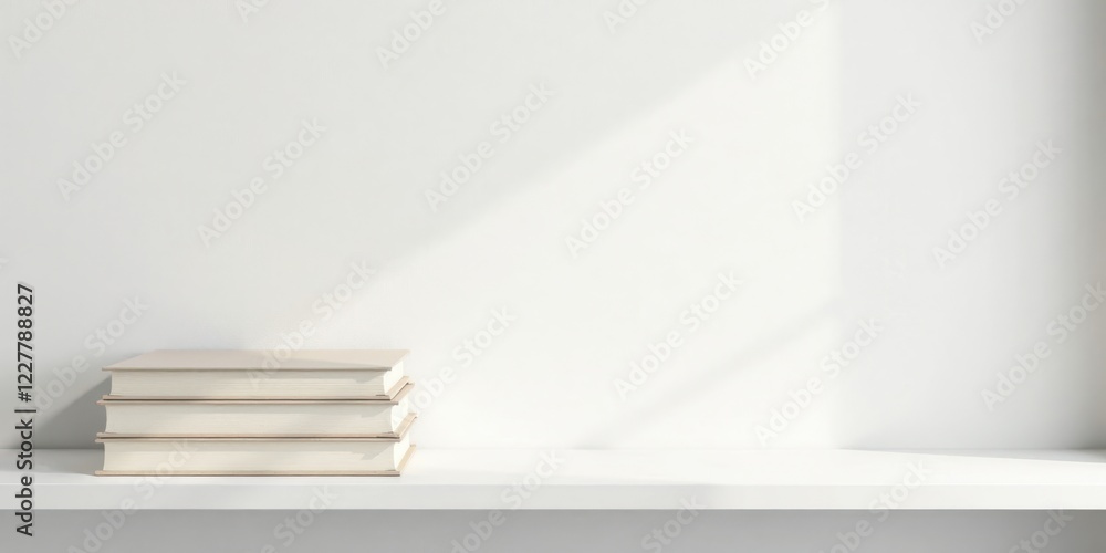 Stack of Books on a White Shelf Against a White Wall with Sunlight Stack of Books on a White Shelf Against a White Wall with Sunlight