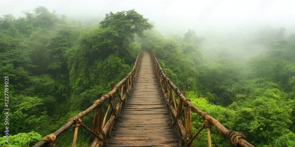 Exploring a serene wooden bridge in dense forest nature landscape misty environment tranquil viewpoint adventure concept Exploring a serene wooden bridge in dense forest nature landscape misty environment tranquil viewpoint adventure concept