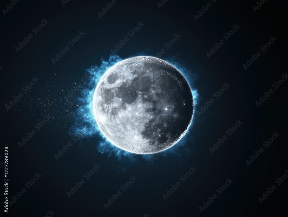 Fototapeta premium Glowing Moon Surrounded by ethereal Blue Light in Night Sky