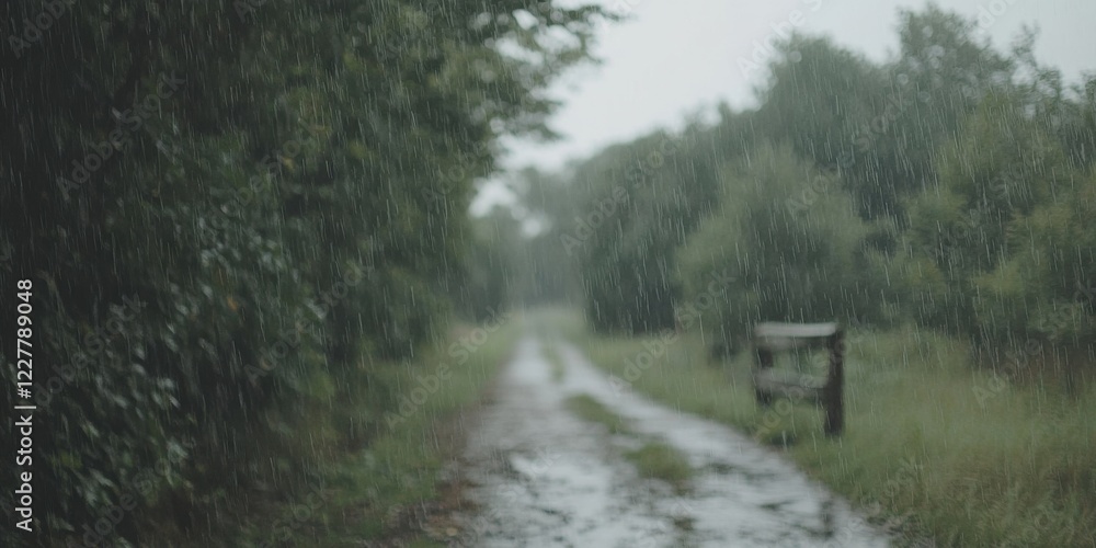 Rainy path through lush green forest nature scene outdoor environment soft focus viewpoint tranquil concept for relaxation Rainy path through lush green forest nature scene outdoor environment soft focus viewpoint tranquil concept for relaxation
