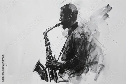 watercolor black and white illustration of a musician playing saxophone