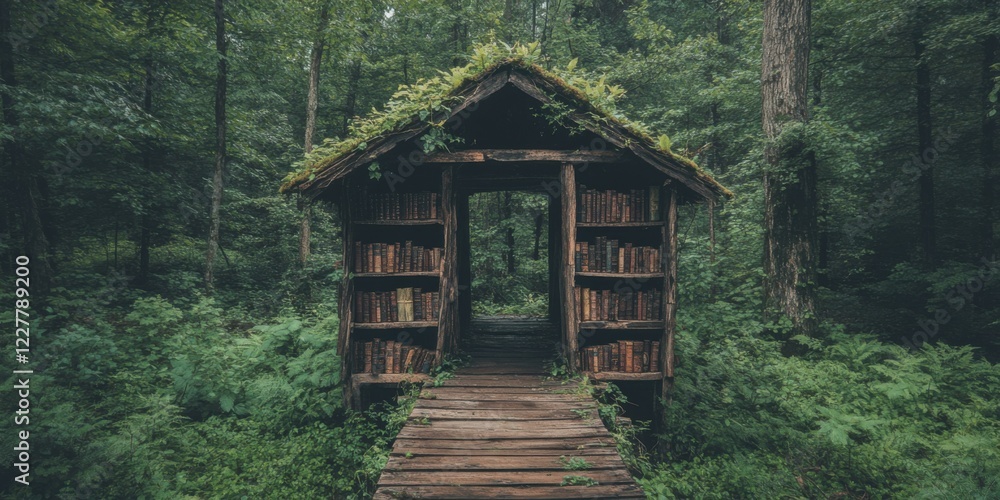 Enchanting woodland retreat a rustic library cabin surrounded by lush forest nature serene environment peaceful viewpoint Enchanting woodland retreat a rustic library cabin surrounded by lush forest nature serene environment peaceful viewpoint