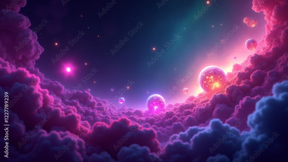 Fototapeta premium Glowing asteroids in a vibrant neon nebula, creating a mystical and futuristic cosmic scene with bursts of light.