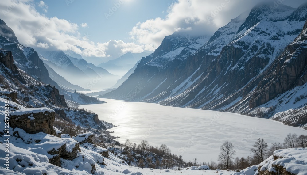 Fototapeta premium Write about a winter morning in the Pyrenees, where snow has transformed the rocky cliffs and valleys into a breathtaking landscape, the frozen lake shimmering beneath the low-hanging mist