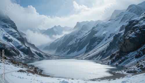 Wallpaper Mural Write about a winter morning in the Pyrenees, where snow has transformed the rocky cliffs and valleys into a breathtaking landscape, the frozen lake shimmering beneath the low-hanging mist Torontodigital.ca