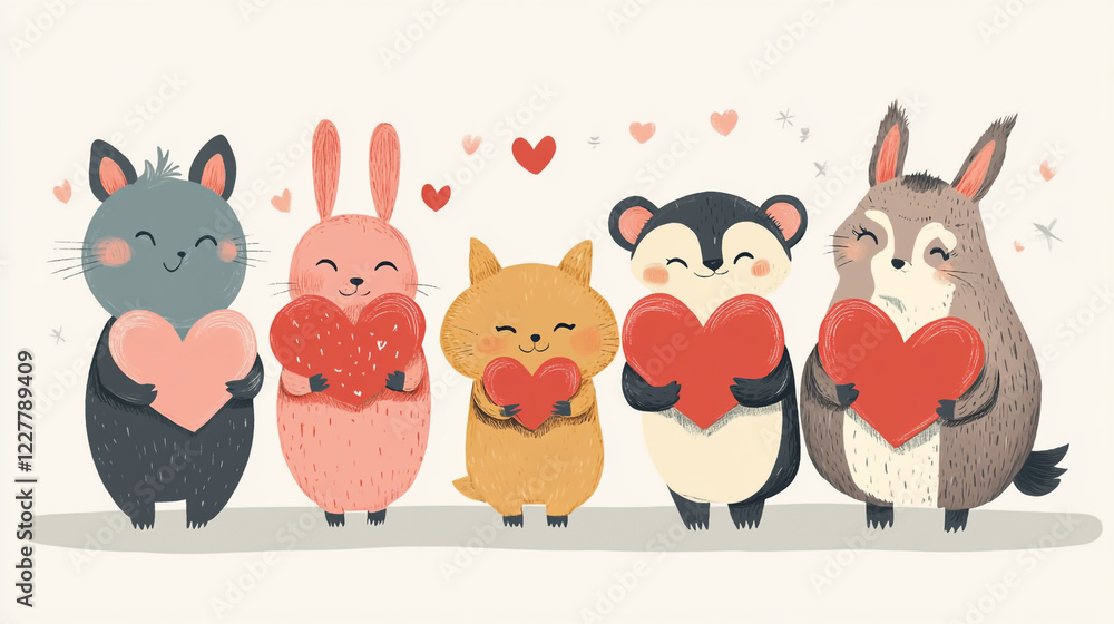 A whimsical Valentine's Day card featuring adorable cartoon animals holding hearts. A whimsical Valentine's Day card featuring adorable cartoon animals holding hearts.