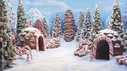 A winter wonderland scene with chocolate igloos and candy cane trees.