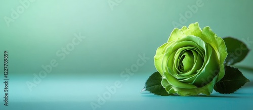 Fototapeta Naklejka Na Ścianę i Meble -  Green rose on a solid green and blue background with ample copy space for text and elegant design elements.