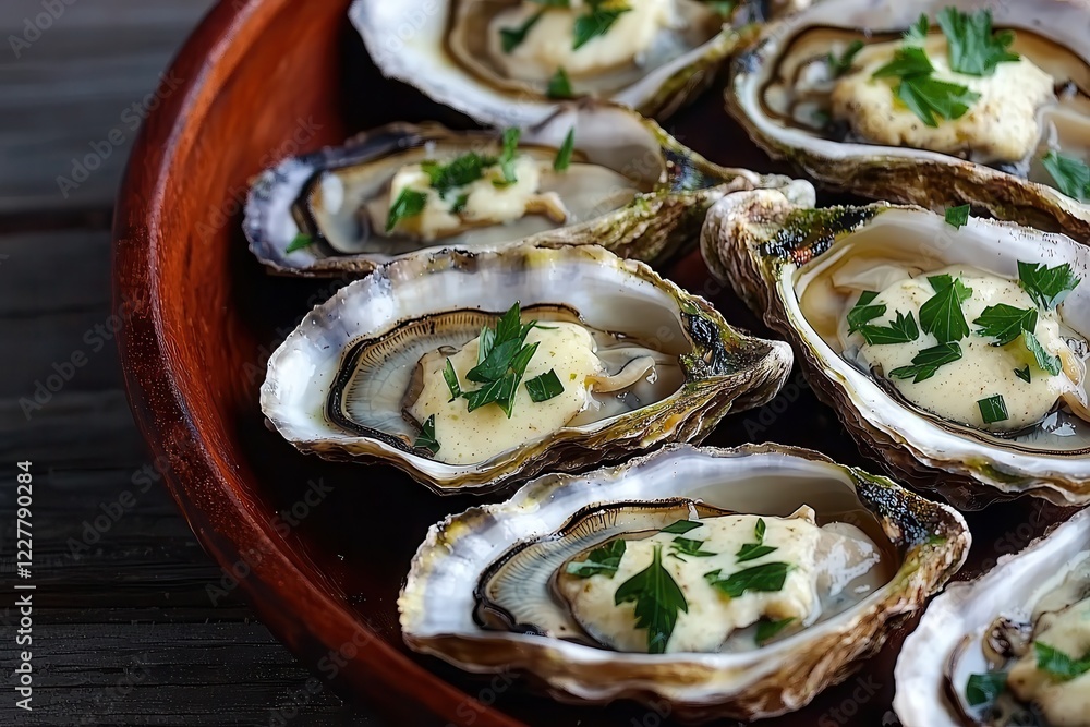 Oysters and shellfish shine at seafood festivals. Fresh oysters garnished with herbs on a wooden platter. Oysters and shellfish shine at seafood festivals. Fresh oysters garnished with herbs on a wooden platter.