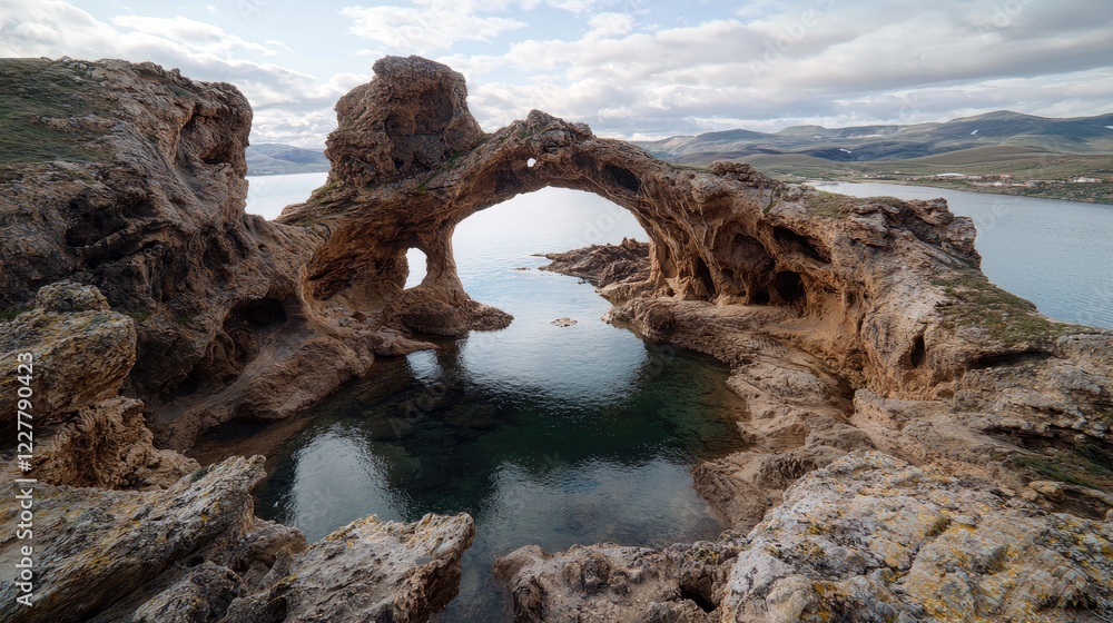 Naklejka premium Coastal rock arch, tranquil lagoon, island background, scenic travel photo