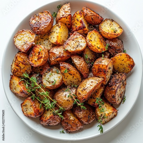 A serving of roasted potatoes tossed with fresh rosemary sprigs and thyme leaves on a white plate photo