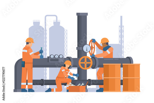 Oil and Gas Industry Workers Maintaining and Repairing Pipelines. Fully Editable Elements, Easy to Customize	