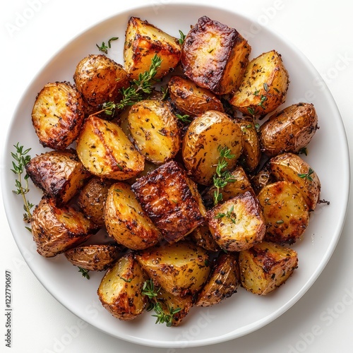 A serving of roasted potatoes tossed with fresh rosemary sprigs and thyme leaves on a white plate photo