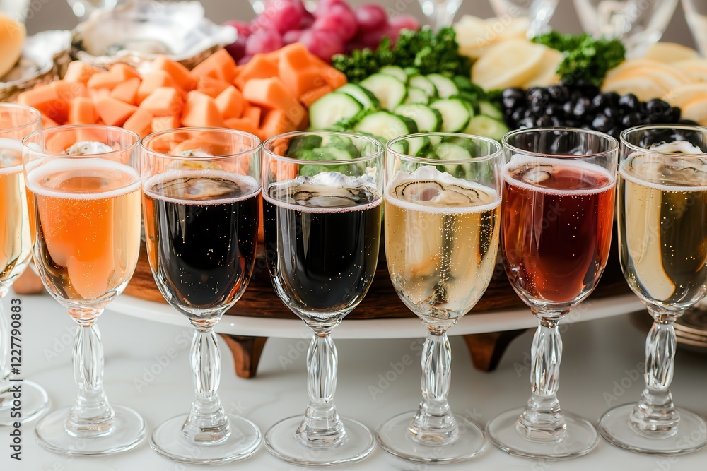Oysters and shellfish shine at seafood festivals. Elegant display of drinks with a colorful fruit platter in the background. Oysters and shellfish shine at seafood festivals. Elegant display of drinks with a colorful fruit platter in the background.