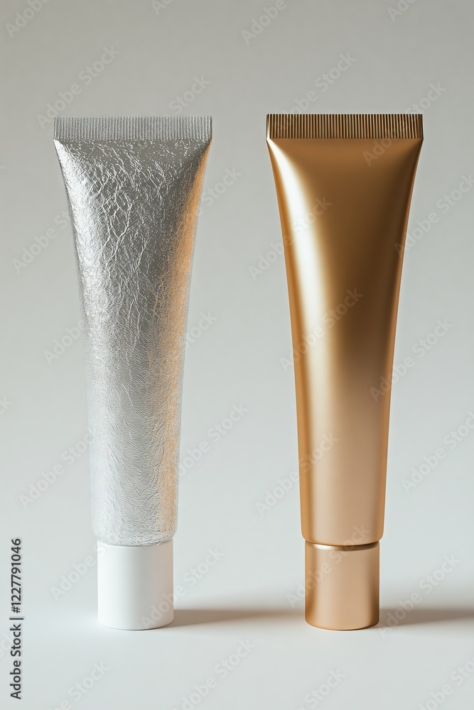 Modern cosmetic container duo in rose gold and chrome with minimalist design aesthetic Modern cosmetic container duo in rose gold and chrome with minimalist design aesthetic
