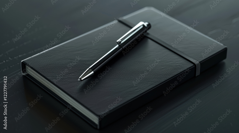 A black leather notebook with a silver pen on top. A black leather notebook with a silver pen on top.