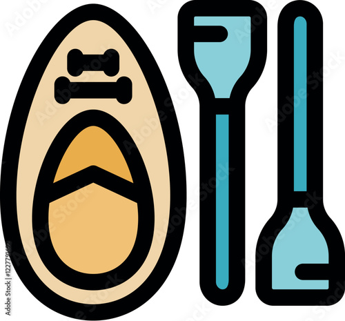 Sup board with paddle and oar floating on water, representing watersports, summer activities, and outdoor recreation
