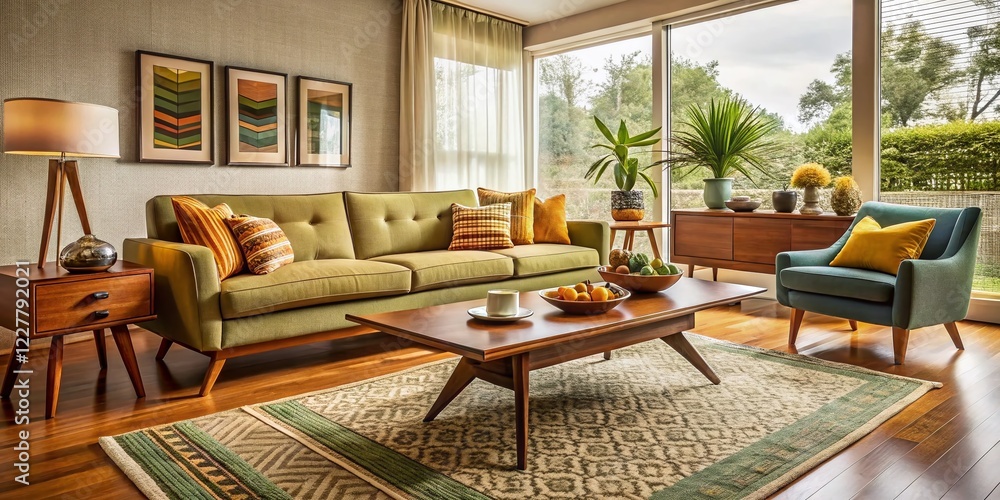 Fototapeta premium Cozy Mid-Century Modern Living Room with Vintage Sofa & Retro Details - Stock Photo