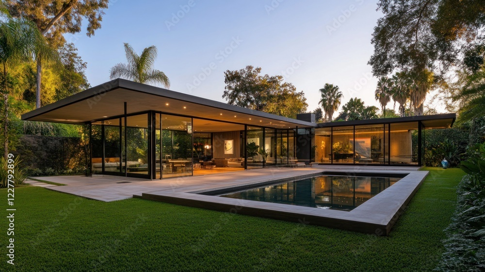 Obraz premium Modern Architectural Masterpiece: Glass House with Pool