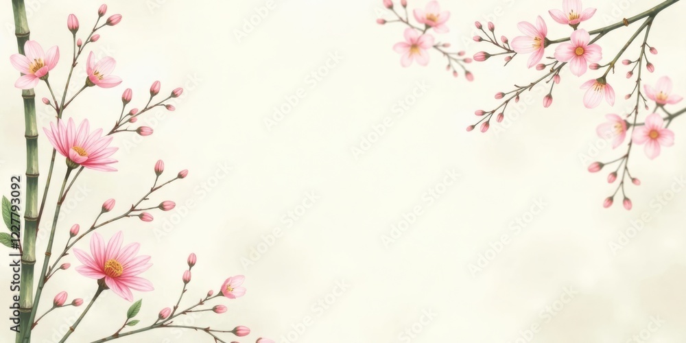 Fototapeta premium Delicate Pink Blossoms Frame a Serene Beige Background, Ideal for Elegant Invitations or Announcements