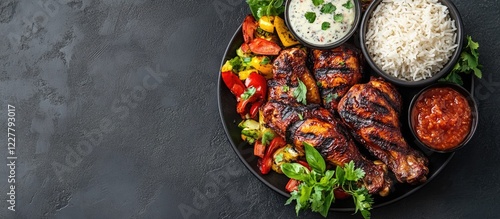 Panel kuchenny z motywem Gourmet barbecue African chicken served with rice and vegetables on a dark slate plate with space for text overlay.