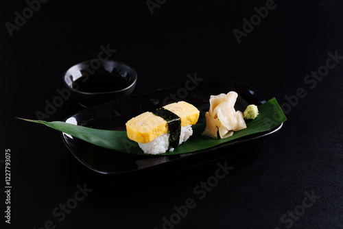 Tamago sushi egg sushi Japanese food Japanese seafood isolated in black background