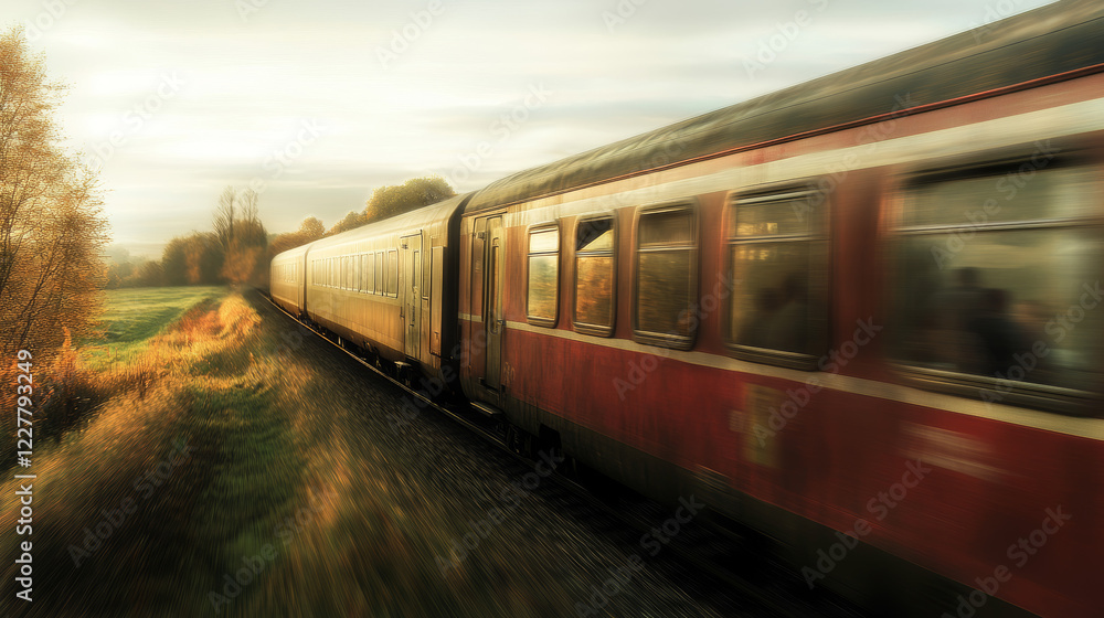 Naklejka premium A train races through a quiet countryside, with passengers gazing out the window at the passing landscapes. 