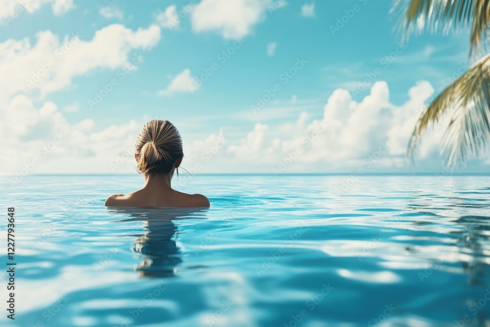 Relaxing in a tranquil infinity pool under a clear blue sky near the ocean Relaxing in a tranquil infinity pool under a clear blue sky near the ocean