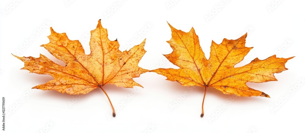 Golden maple leaves on white background ideal for autumn themed designs with space for text or messages Golden maple leaves on white background ideal for autumn themed designs with space for text or messages