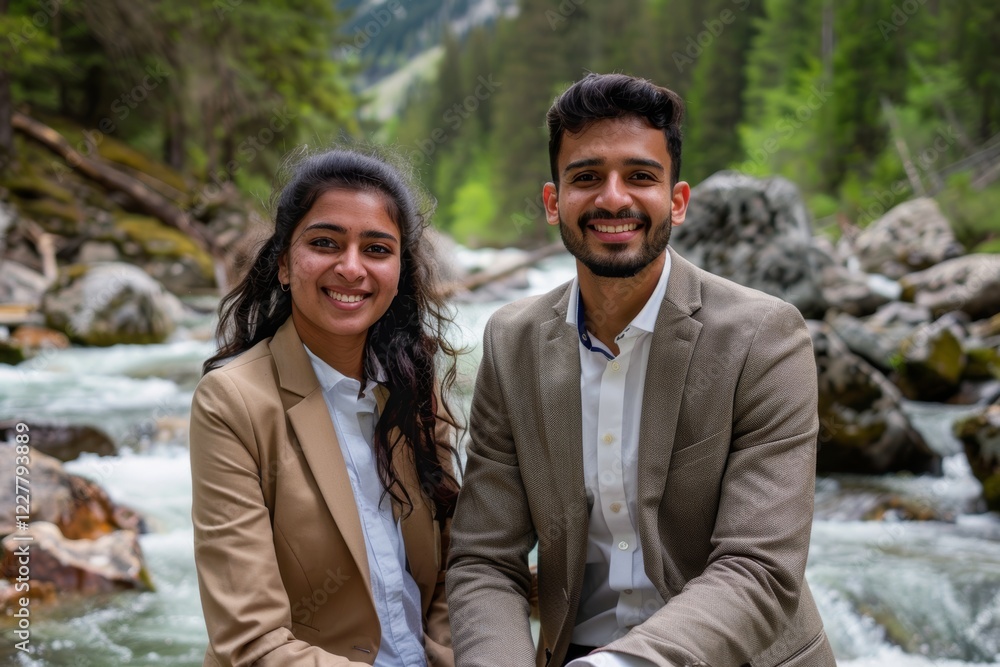 Portrait of a grinning indian couple in their 20s wearing a professional suit jacket in front of tranquil forest stream Portrait of a grinning indian couple in their 20s wearing a professional suit jacket in front of tranquil forest stream