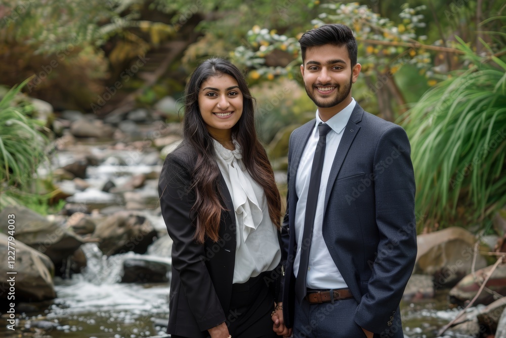 Portrait of a grinning indian couple in their 20s wearing a professional suit jacket on tranquil forest stream Portrait of a grinning indian couple in their 20s wearing a professional suit jacket on tranquil forest stream
